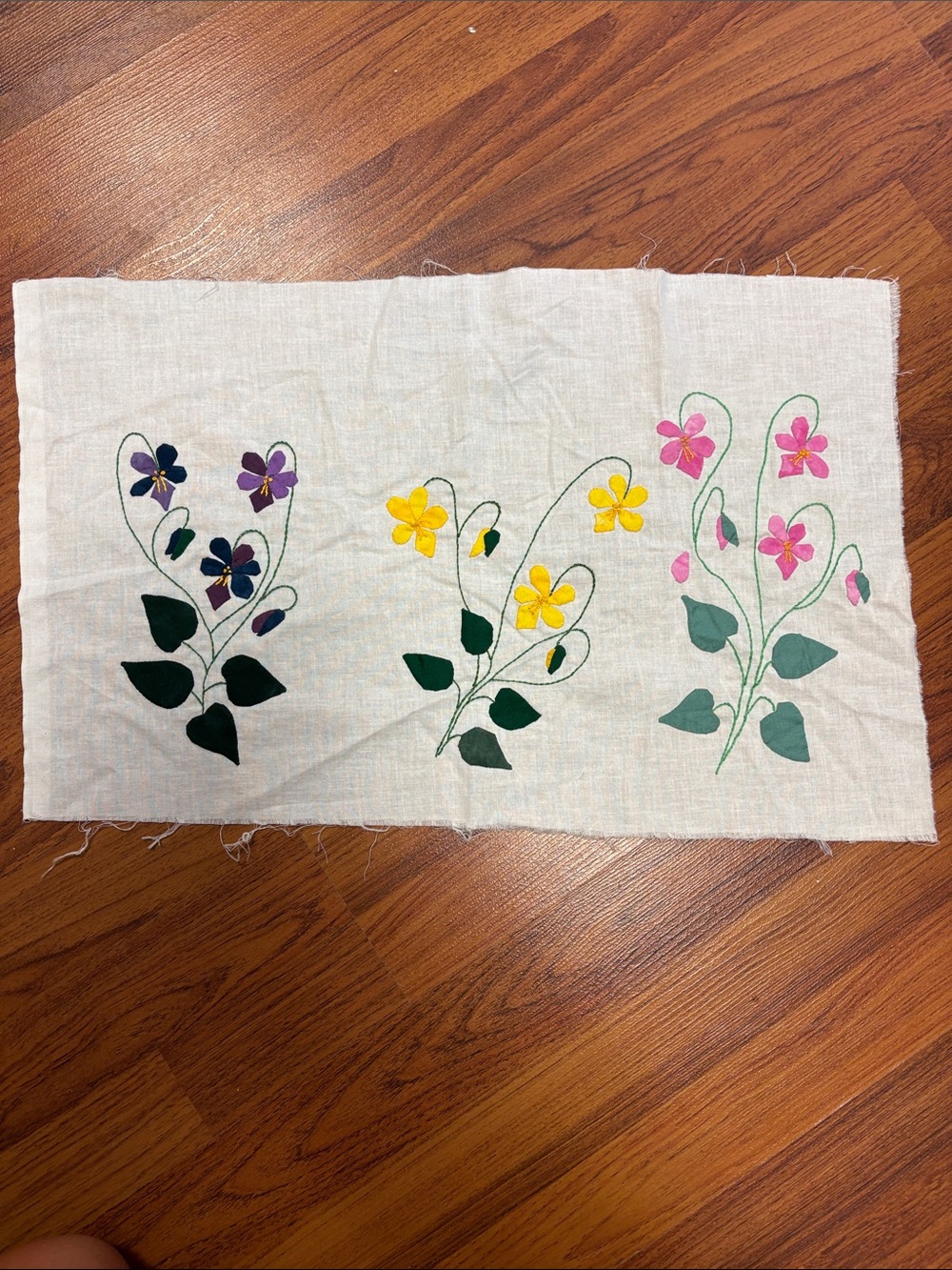 Handmade Embroidered Floral Linen Panel - Pink, Yellow, Purple